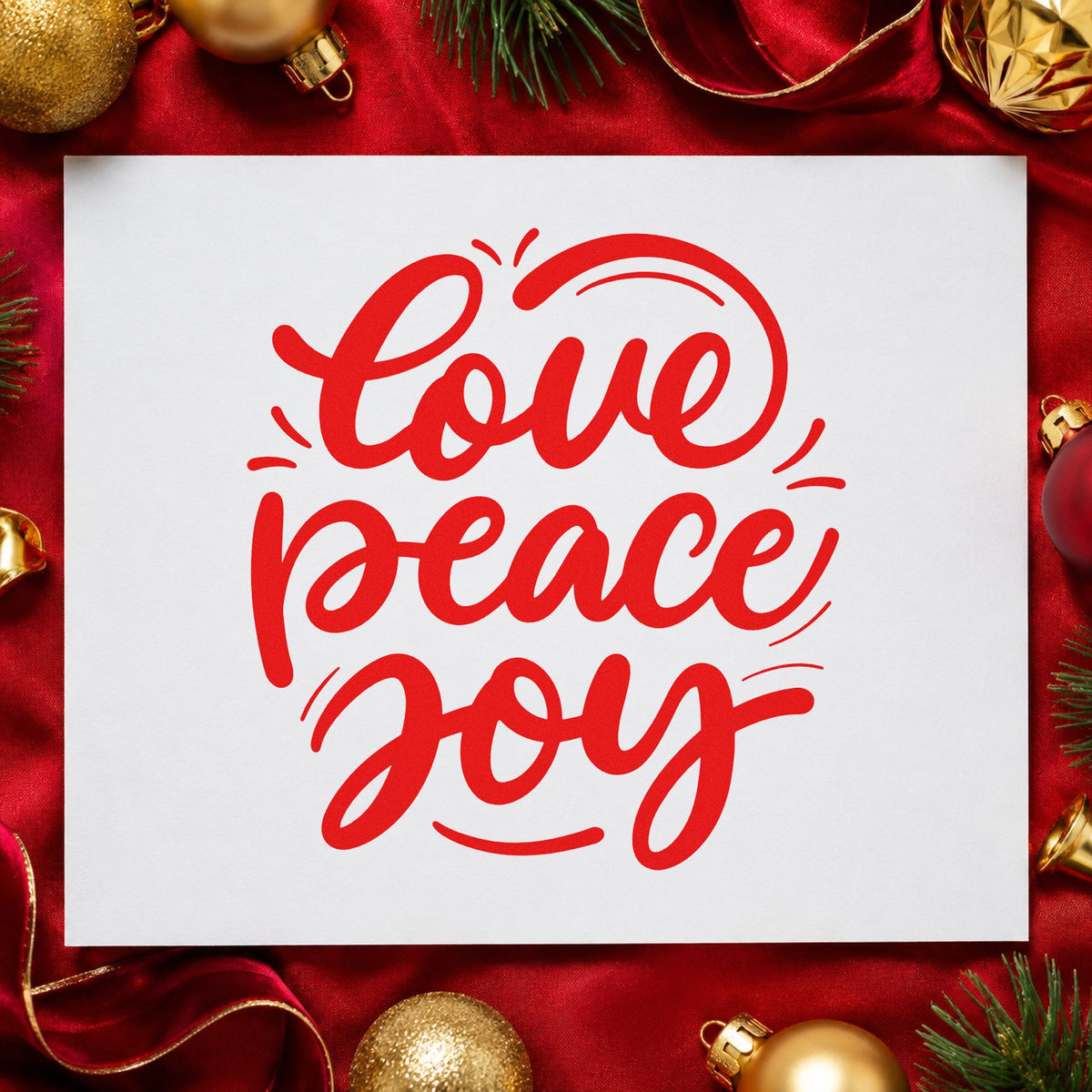Love Peace Joy Script rubber stamp shown in red ink, stamped for projects such as advent sunday notes.