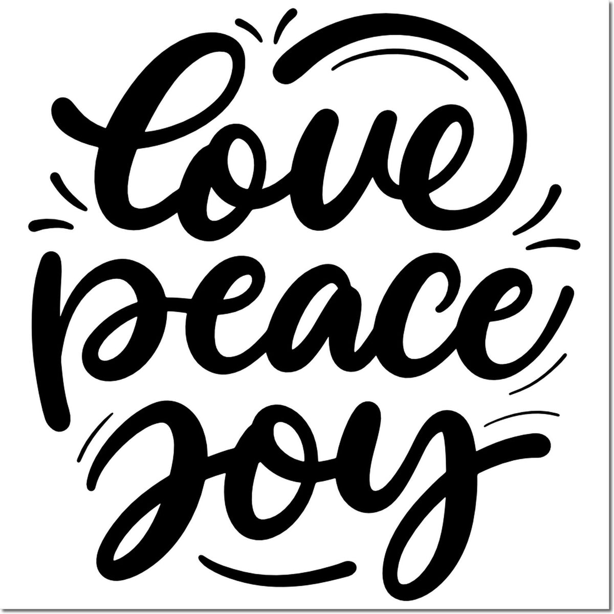Black hand-lettered Love Peace Joy stamp design in black with decorative lines, ideal for seal products.