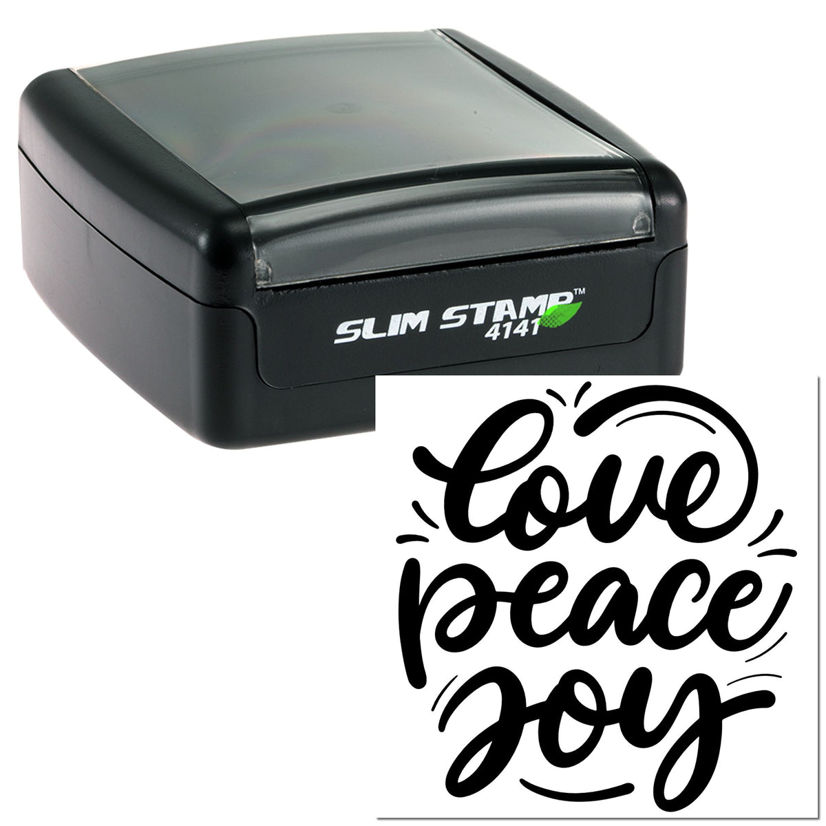 Black self-inking stamp with gray translucent top and black love peace joy decorative seal design