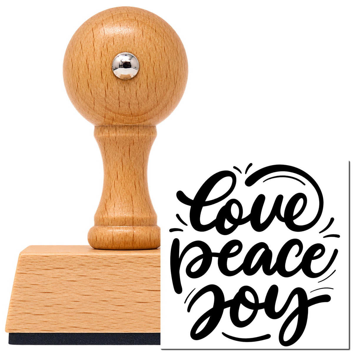 Vintage Pro beech wood stamp with a round knob handle, shown with its black Love Peace Joy Script imprint on white.