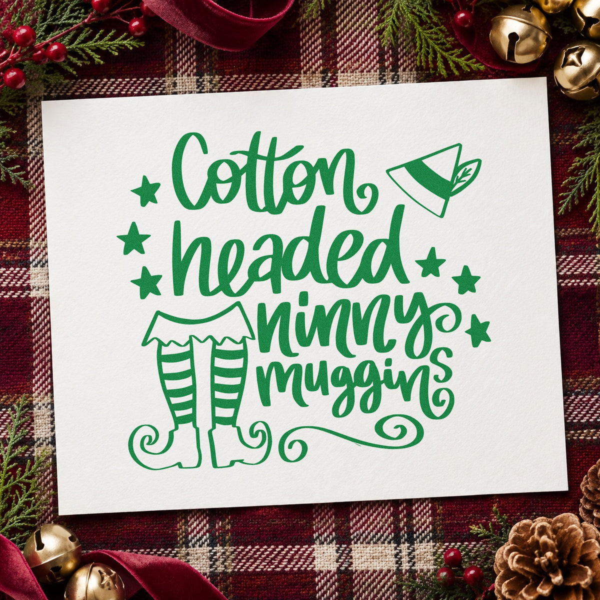 Cotton Headed Ninny Muggins craft stamp imprint in green ink on a handmade project, one idea being quote quiz pages.