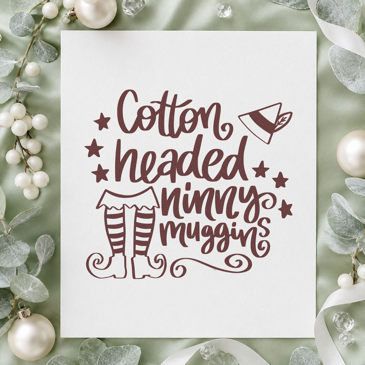 Cotton Headed Ninny Muggins rubber stamp printed in brown ink, ready for popcorn tub labels and similar paper crafts.