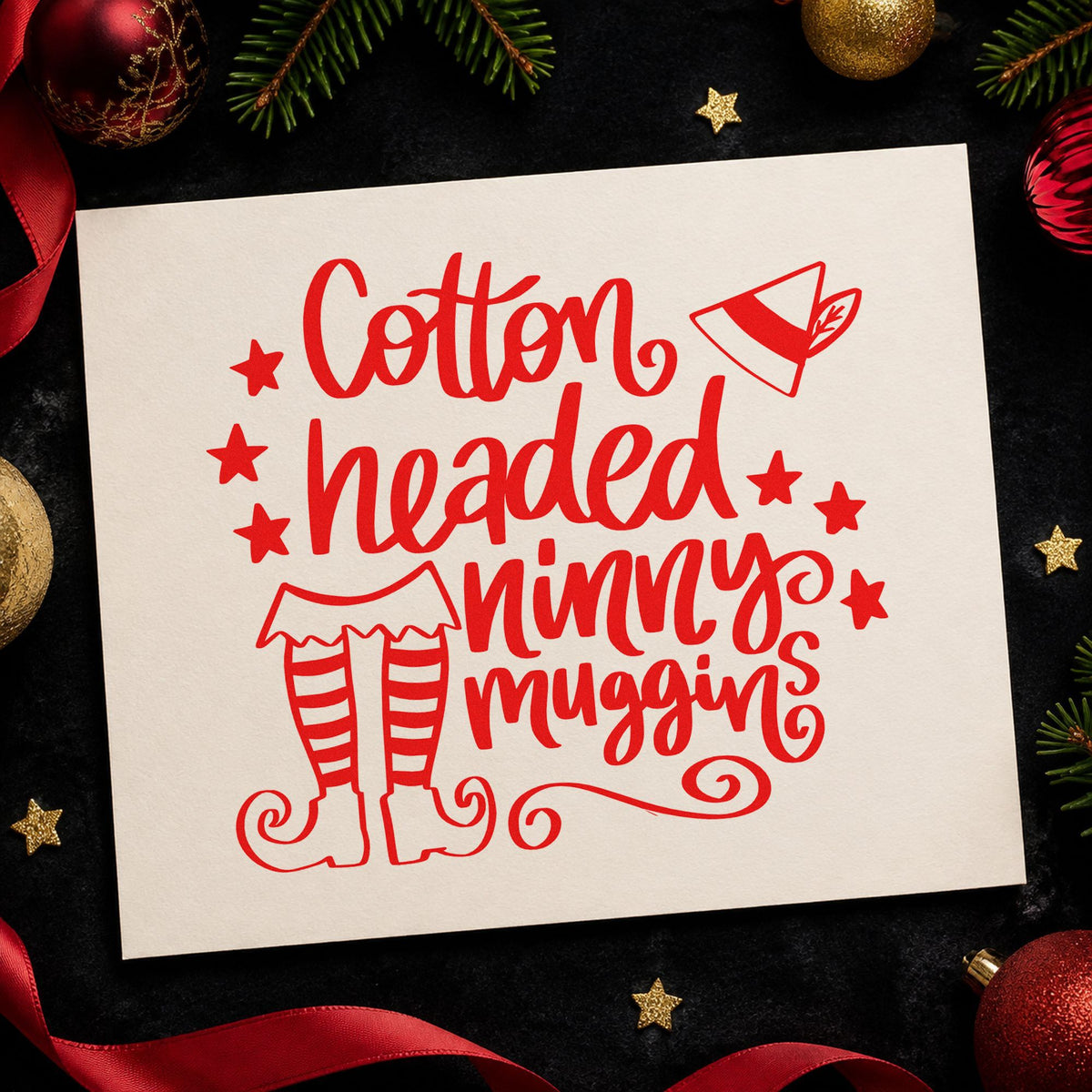 Cotton Headed Ninny Muggins craft stamp in red ink on cardstock, an easy option for pajama hem panels.