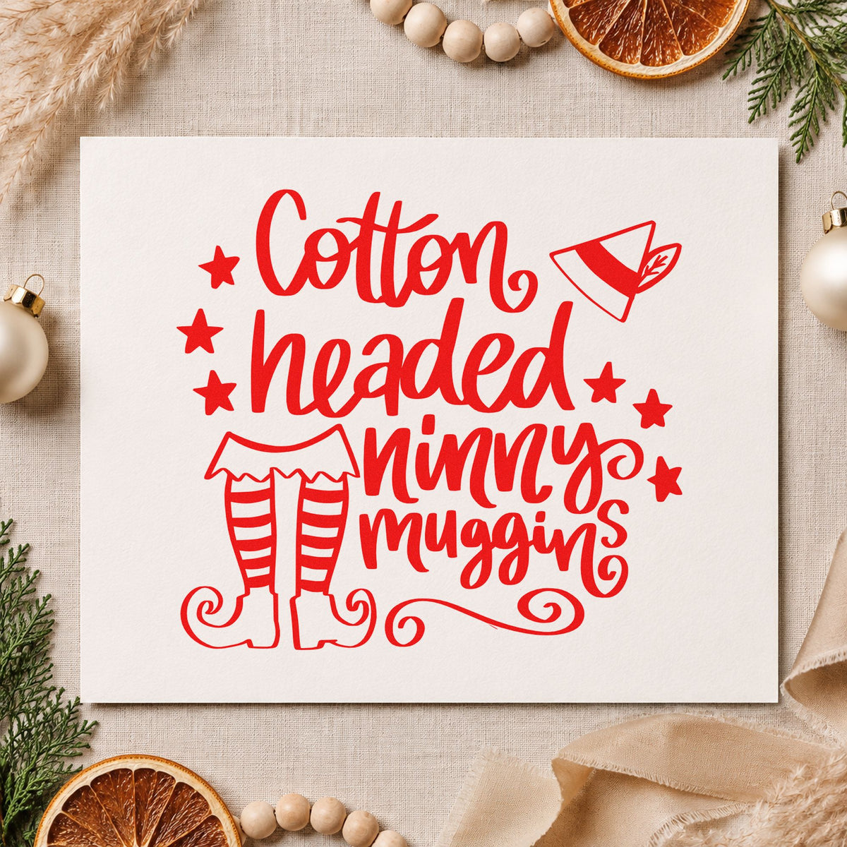 Cotton Headed Ninny Muggins rubber stamp shown in red ink, stamped for projects such as family night notes.