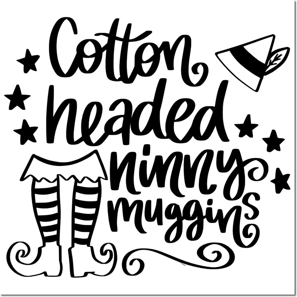 Black cotton-headed ninny muggins stamp and seal design with stars, elf hat, striped legs, and curled boots