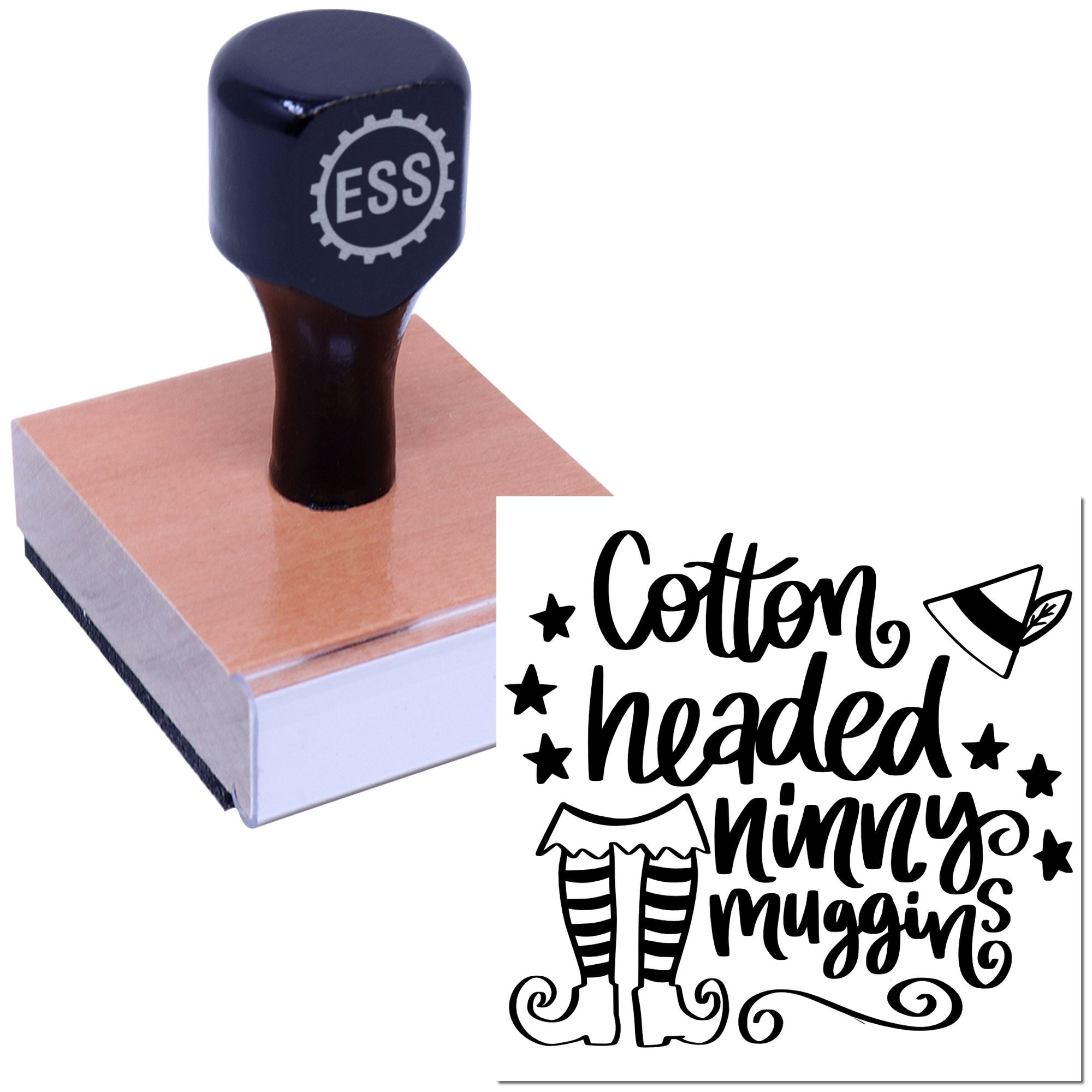 Dark navy custom rubber stamp and seal on a pink-and-white block, with Cotton headed ninny muggins design.