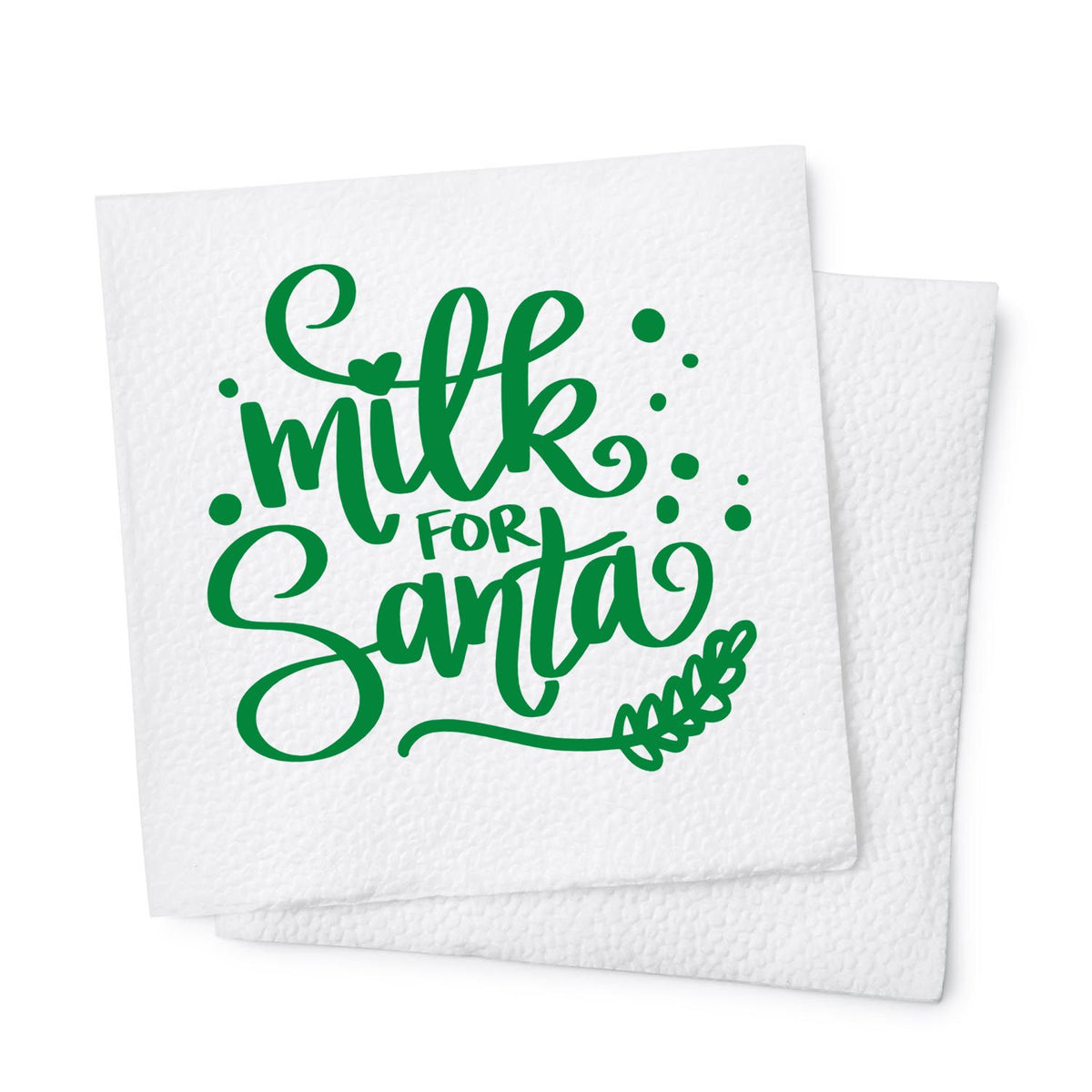 Green Milk for Santa holiday stamp/seal on white textured napkins, with playful script and wheat accent.