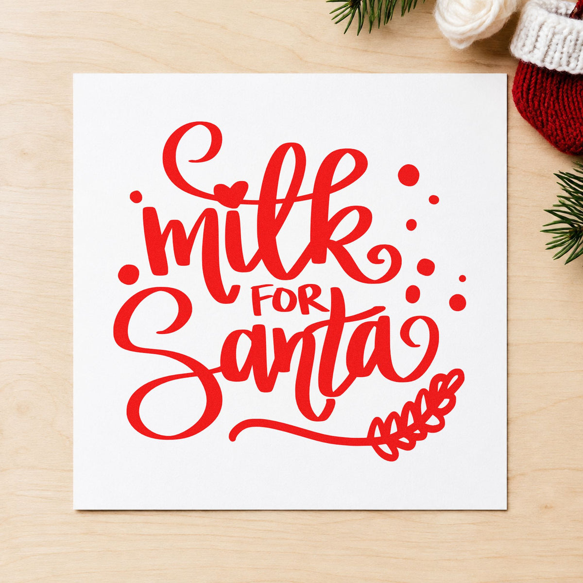 Milk For Santa craft stamp in red ink on cardstock, an easy option for tray cloth panels.