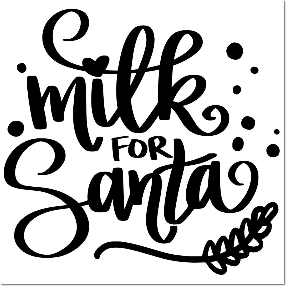 Black Milk for Santa decorative stamp seal with swirls, dots, and leaf accent on white background.