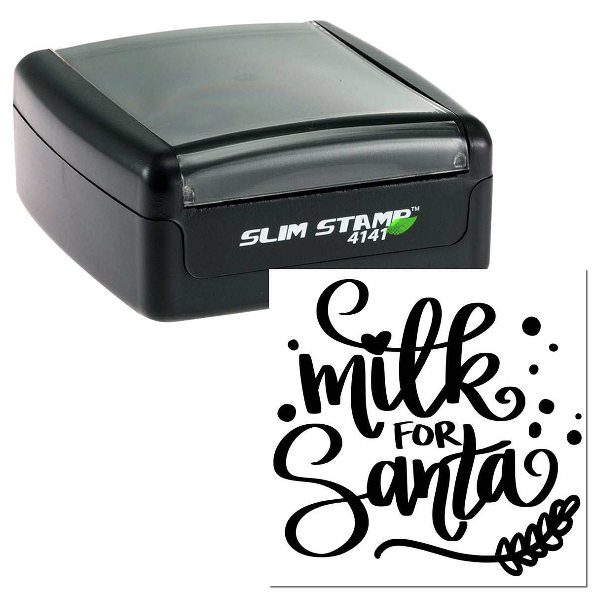 Black Slim Stamp self-inking seal with gray top, showing a black milk for Santa holiday imprint.