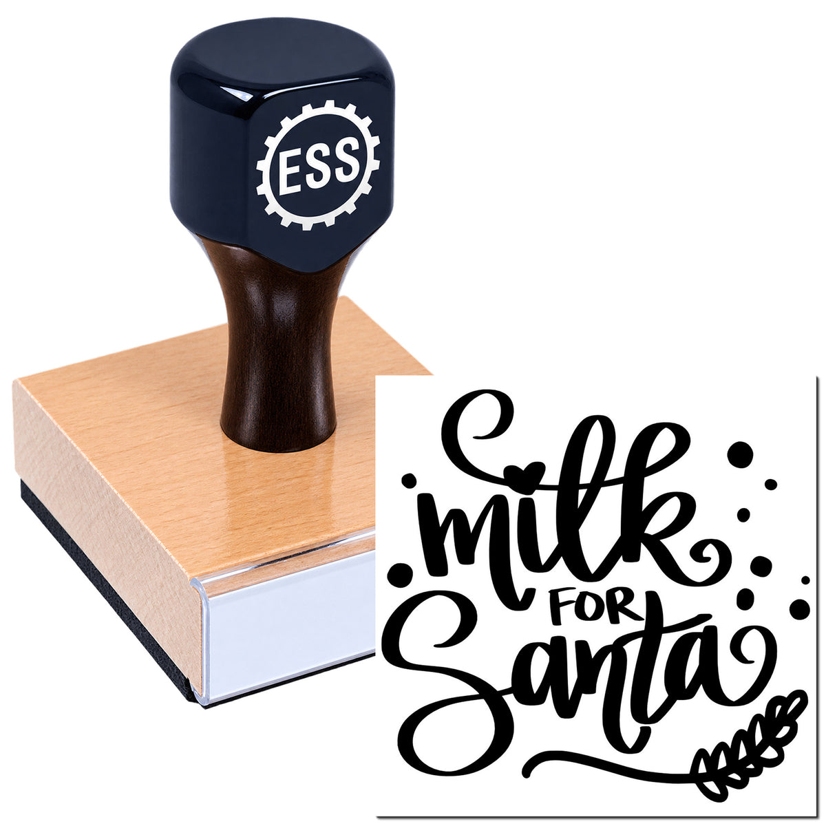 Dark blue ESS stamp on a peach base beside a black "Milk for Santa" seal design.
