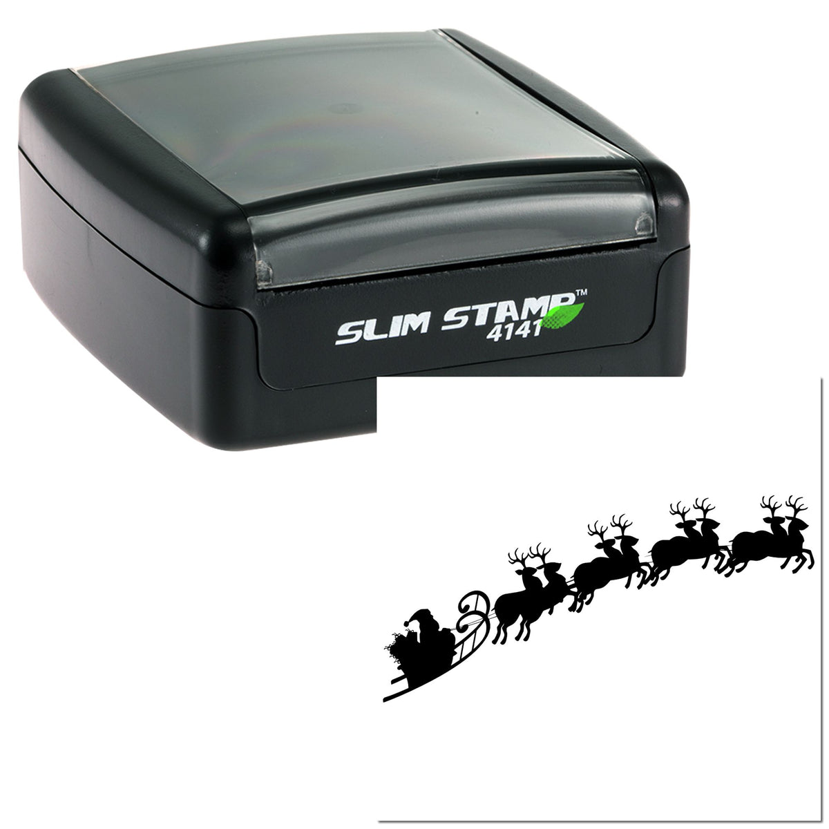 Black Slim Stamp 4141 self-inking stamp and holiday seal showing Santa sleigh with reindeer silhouette.