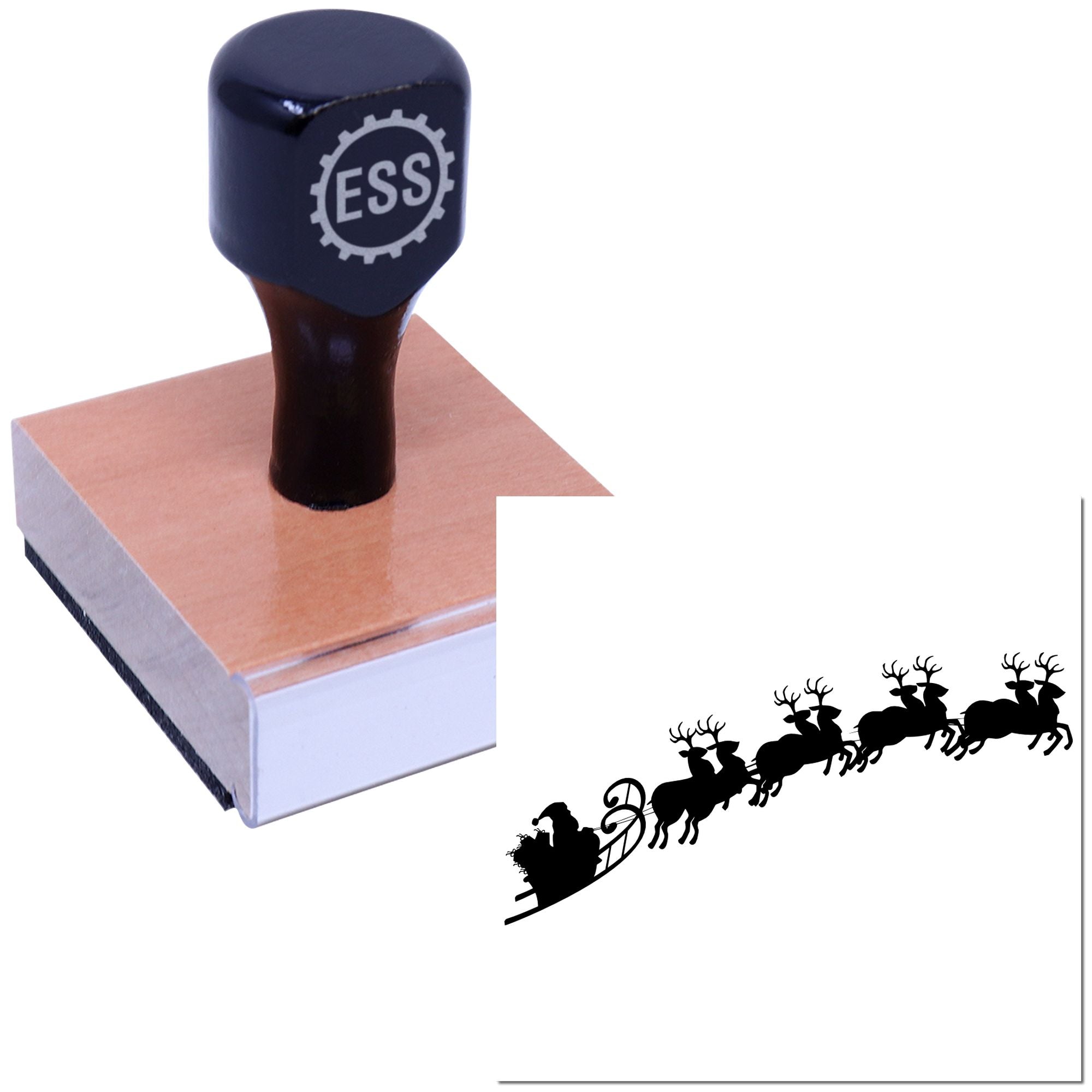 Dark blue ESS rubber stamp on pink base with black Santa sleigh and reindeer seal design on white background.