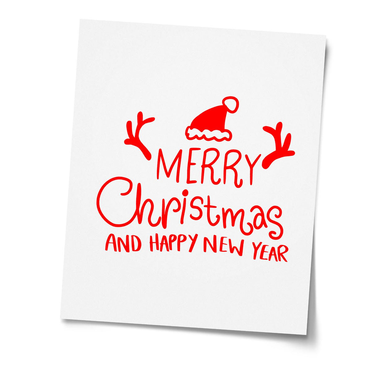 Red Christmas stamp seal with Santa hat and antlers on white card, reading Merry Christmas and Happy New Year.