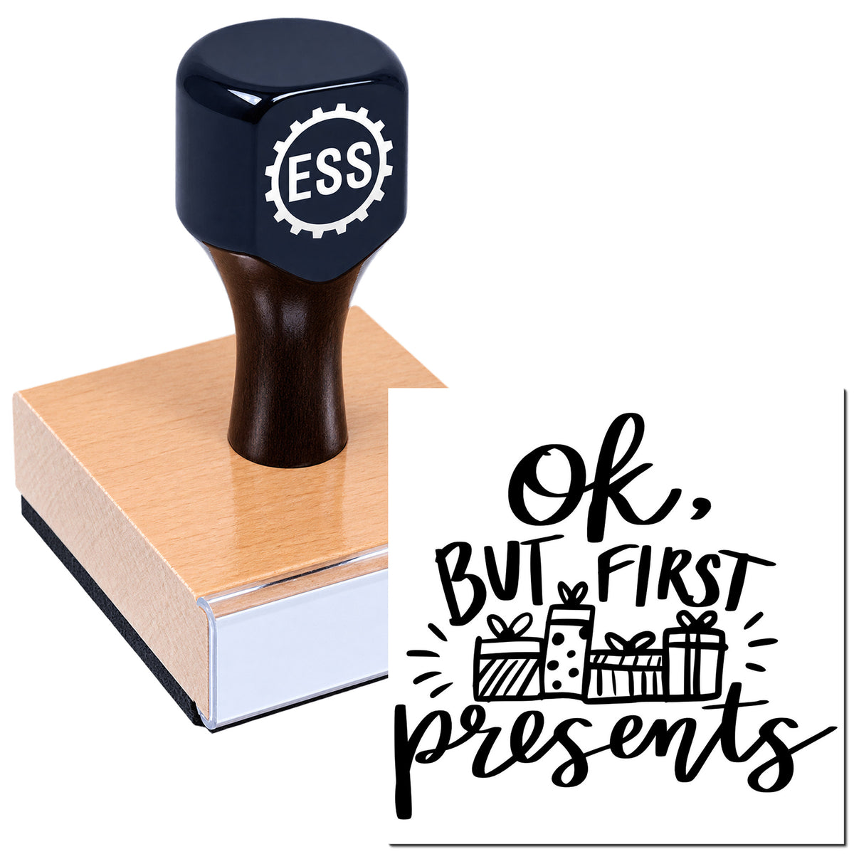 Dark blue ESSE rubber stamp on pink seal block, with "Ok, but first presents" holiday gift design.