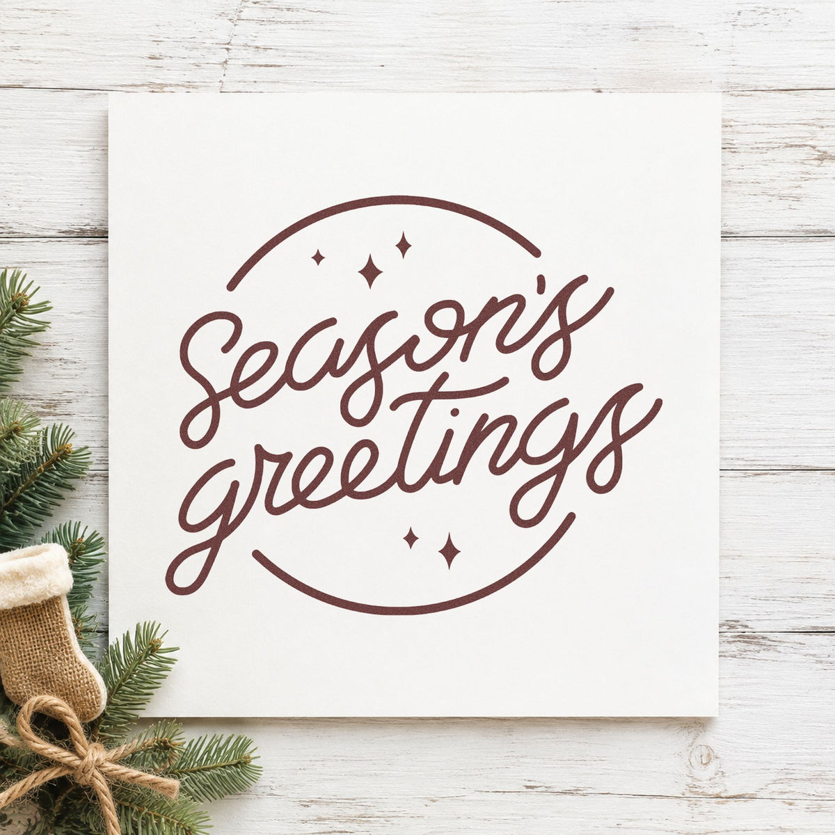 Season's Greetings Circle rubber stamp printed in brown ink, ready for corporate box labels and similar paper crafts.