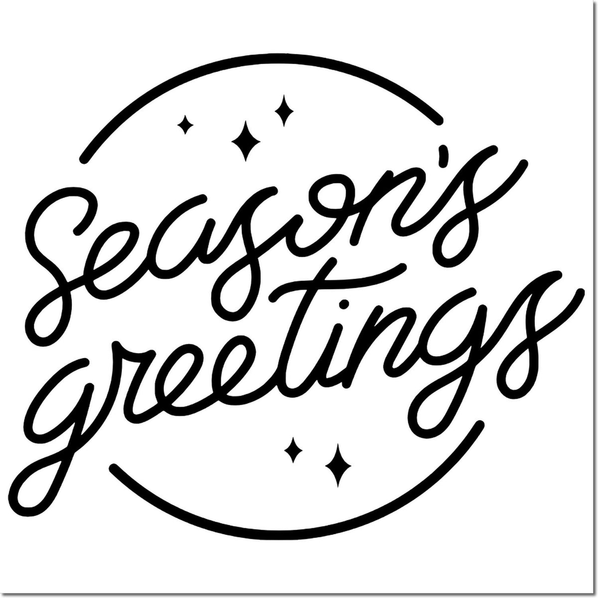 Black circular holiday stamp seal with scripted Seasons Greetings and small sparkles on white background.