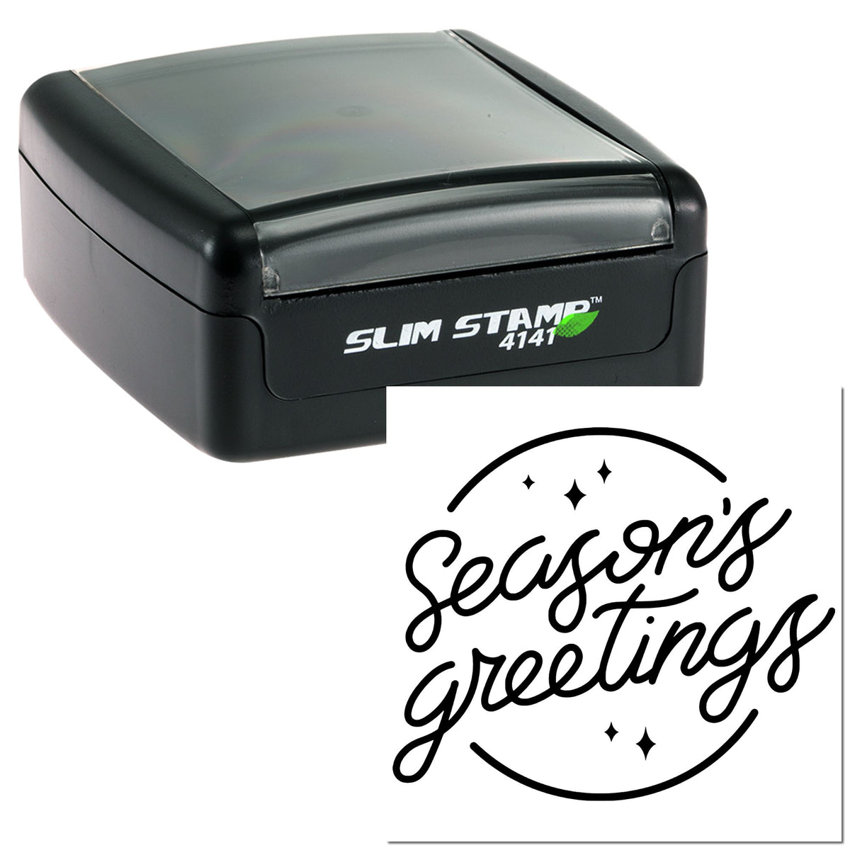 Black self-inking Slim Stamp 4141 with gray translucent cap and black Seasons Greetings seal design.
