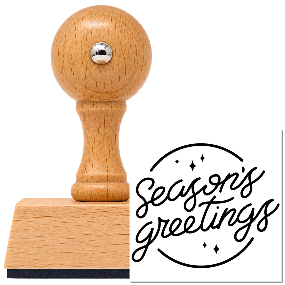 Vintage Pro beech wood stamp with a round knob handle, shown with its black Season's Greetings Circle imprint on white.