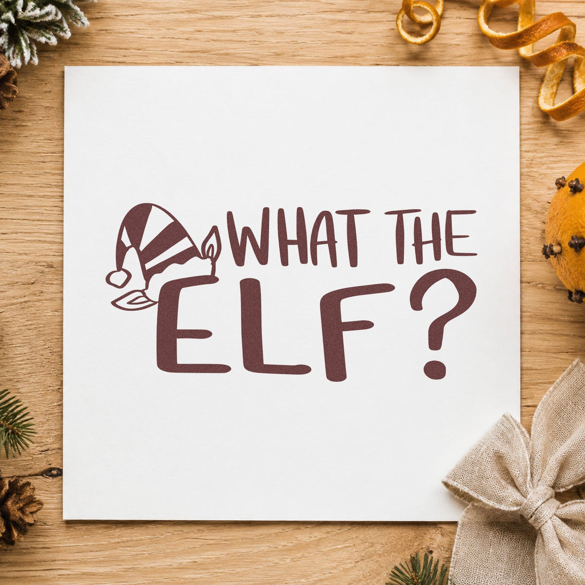What The Elf rubber stamp printed in brown ink, ready for sweet jar labels and similar paper crafts.