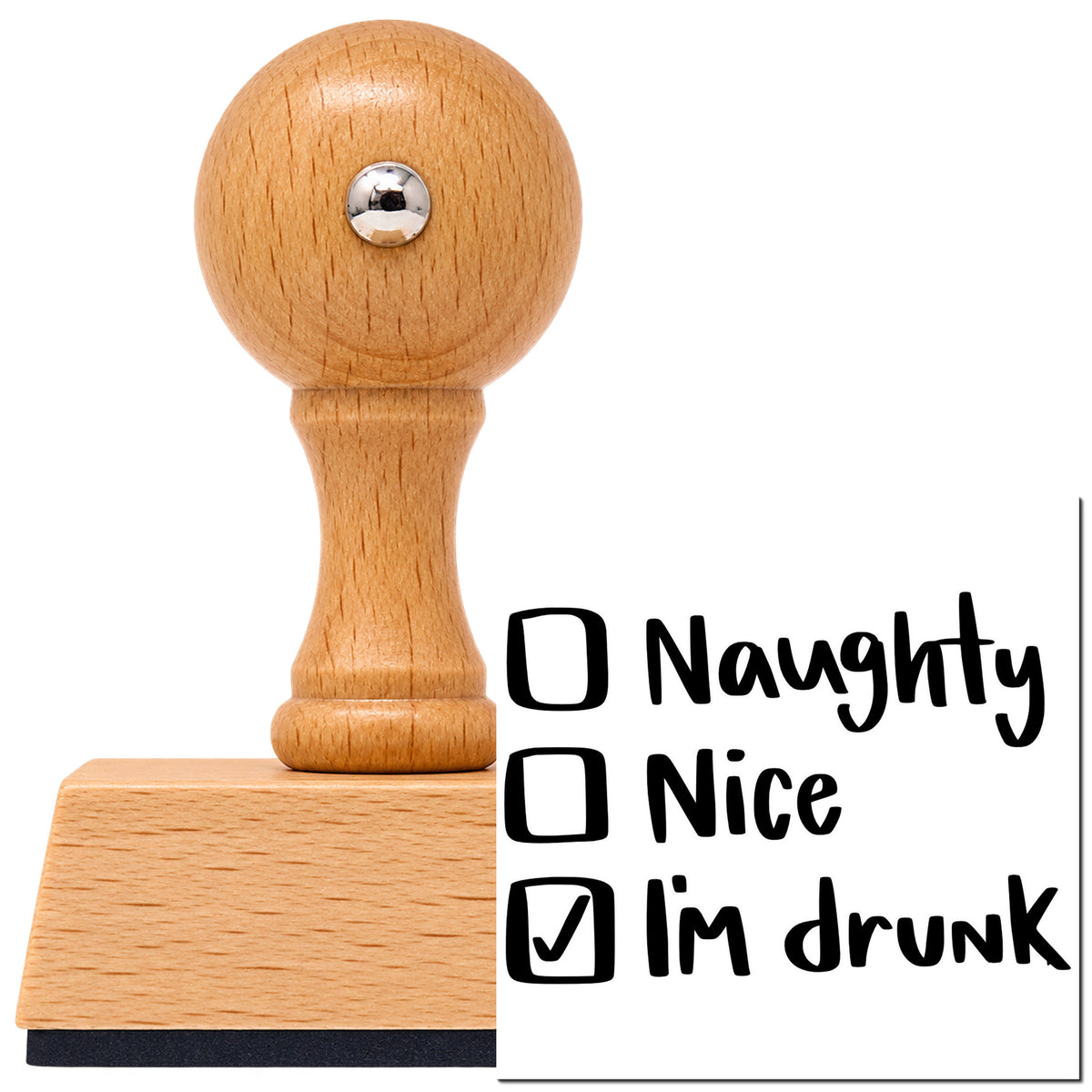 Vintage Pro beech wood stamp with a round knob handle, shown with its black Naughty Or Nice Drunk Checklist imprint on white.