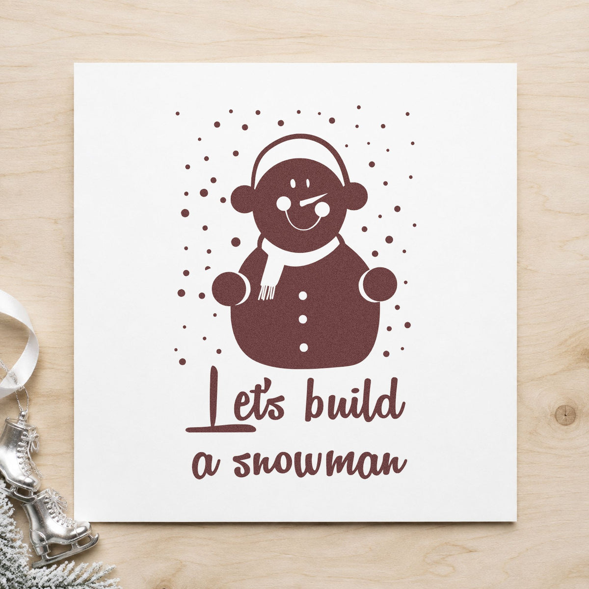 Let's Build A Snowman rubber stamp printed in brown ink, ready for glove basket labels and similar paper crafts.