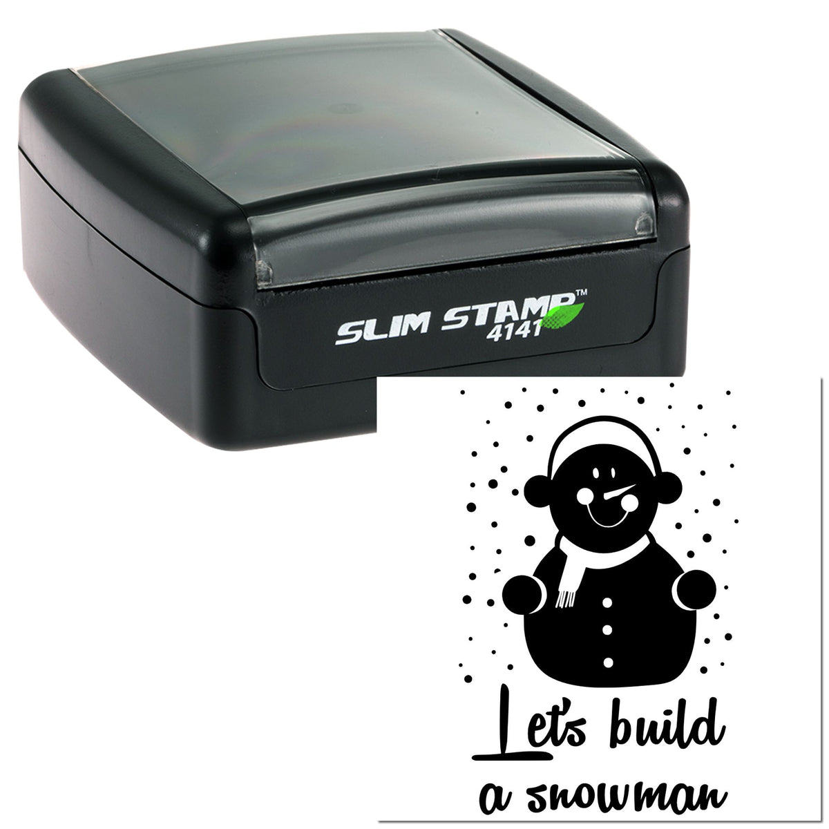 Black self-inking stamp and seal with clear top, showing a snowman design and Lets build a snowman text.