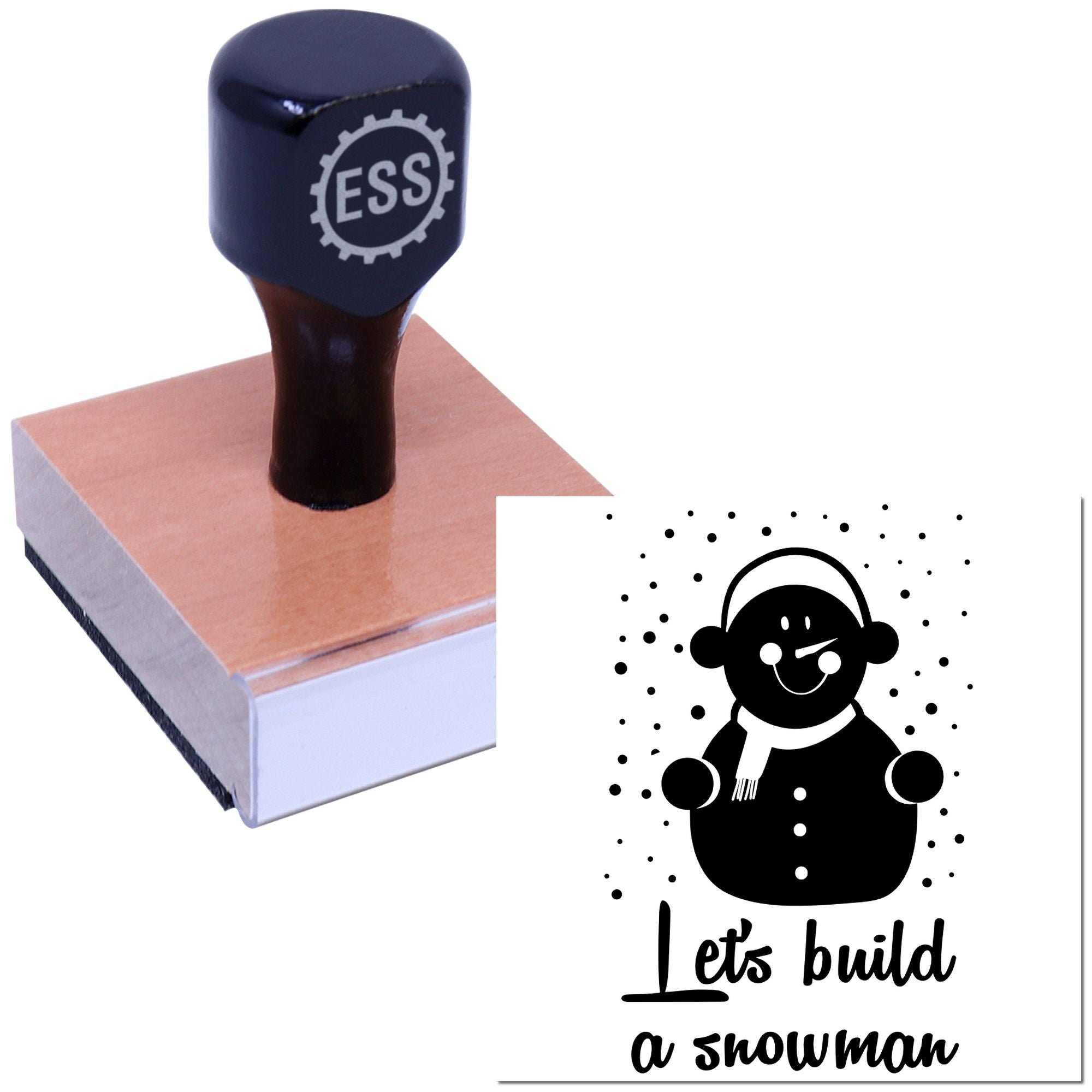 Black ESS self-inking stamp on a pink wood block beside a snowman seal design with dots and Lets build a snowman text.