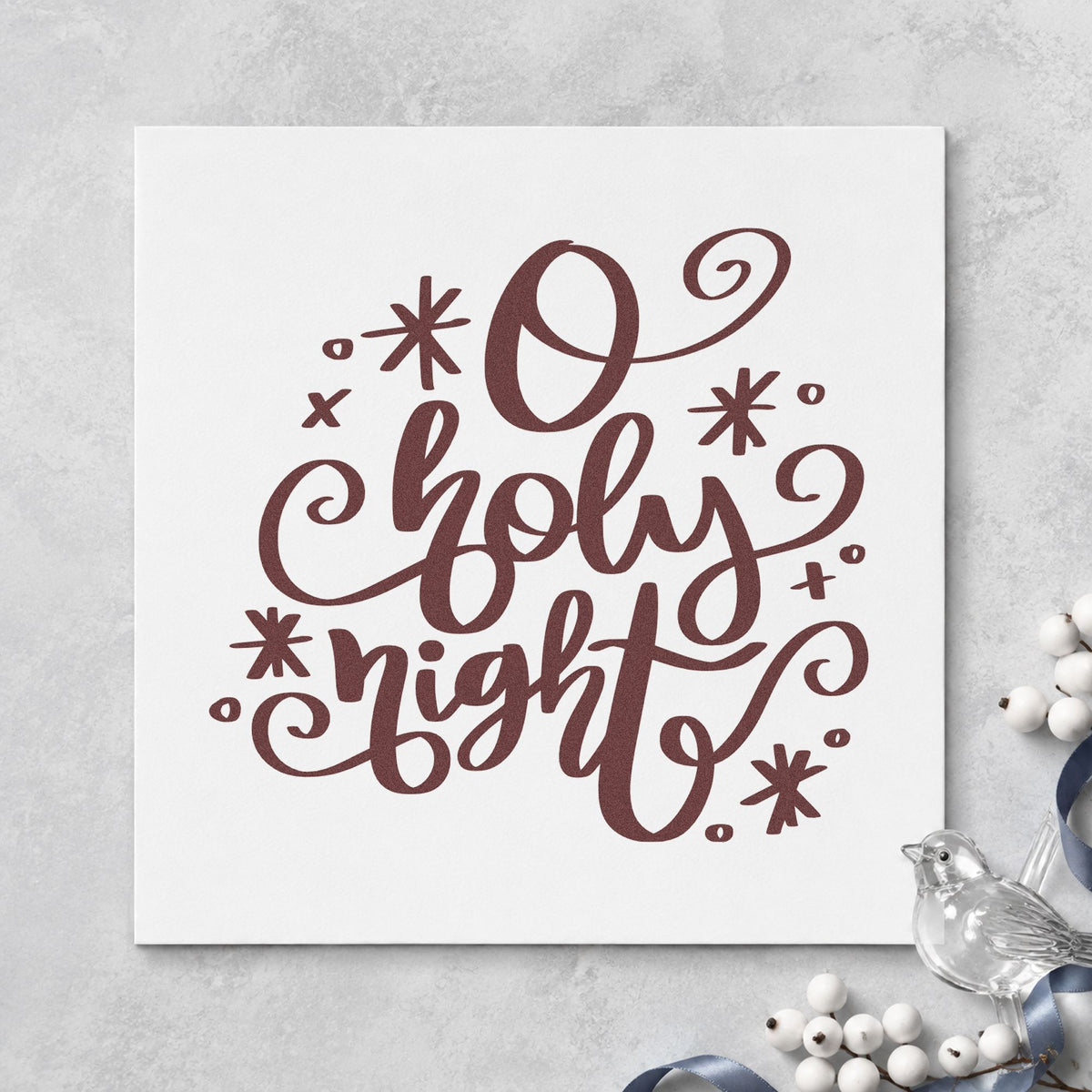 O Holy Night Flourishes rubber stamp printed in brown ink, ready for candle box labels and similar paper crafts.