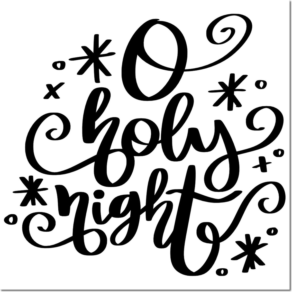 Black Oh Holy Night calligraphy stamp design with decorative stars, swirls, and festive seal accents.