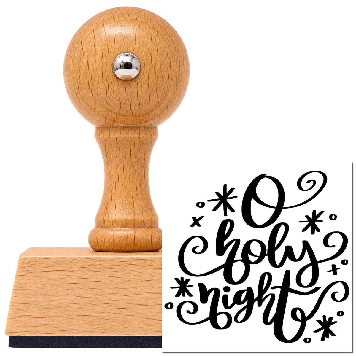 Vintage Pro beech wood stamp with a round knob handle, shown with its black O Holy Night Flourishes imprint on white.