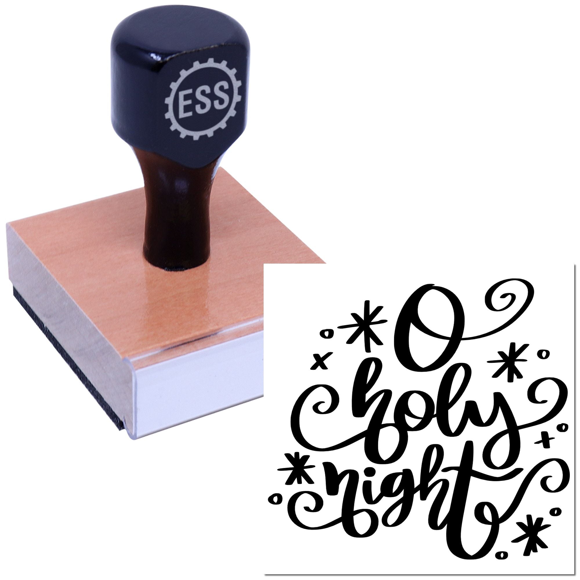 Dark blue ESS rubber stamp on a wooden base, with a black decorative seal reading Oh holy night.