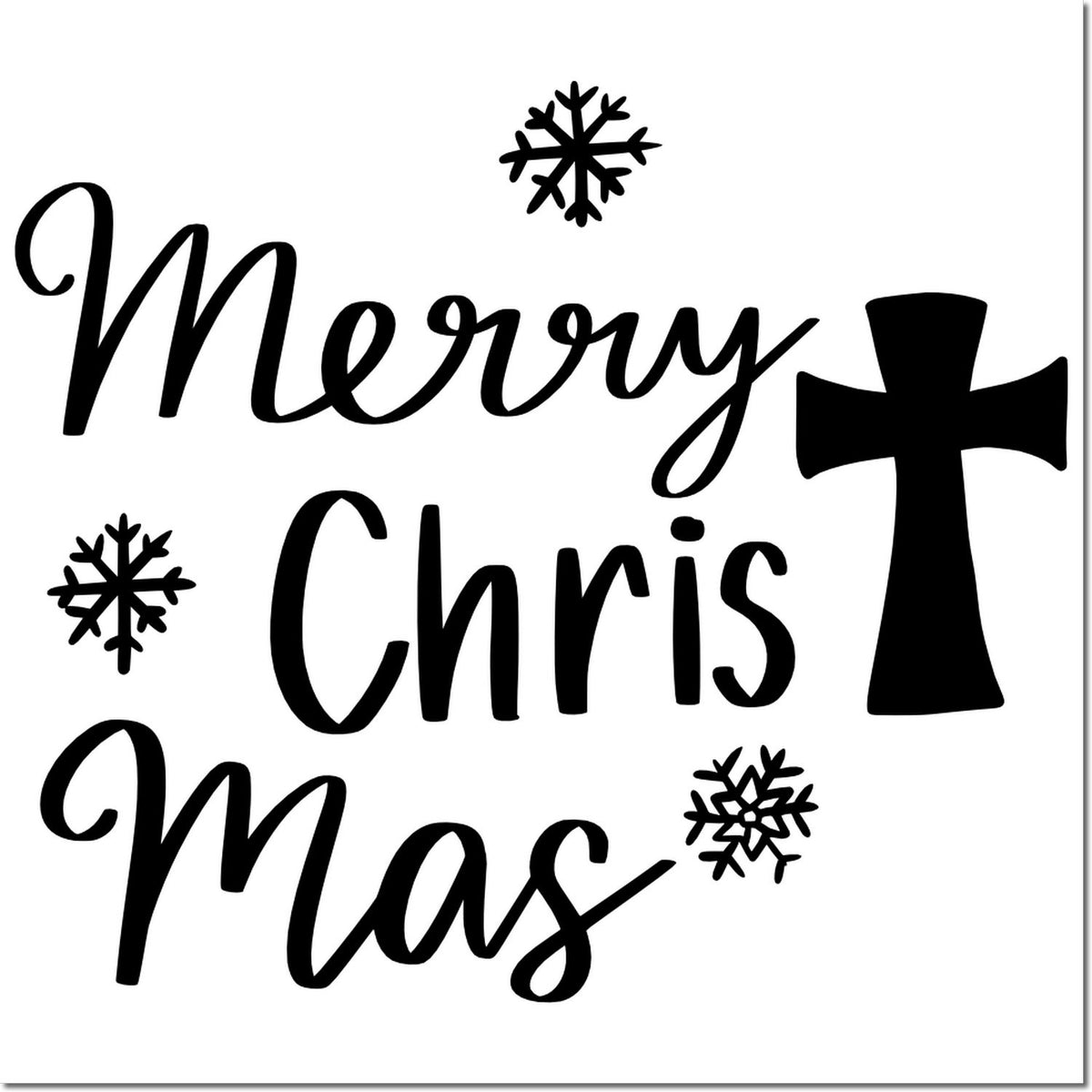 Black Christmas stamp and seal design with Merry Chris Mas text, cross symbol, and snowflakes on white background.