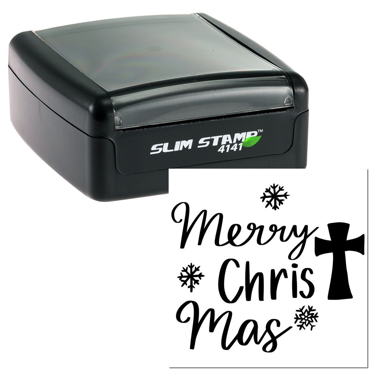 Black self-inking stamp and holiday seal with Merry Chris Mas text, cross, and snowflake accents on white.