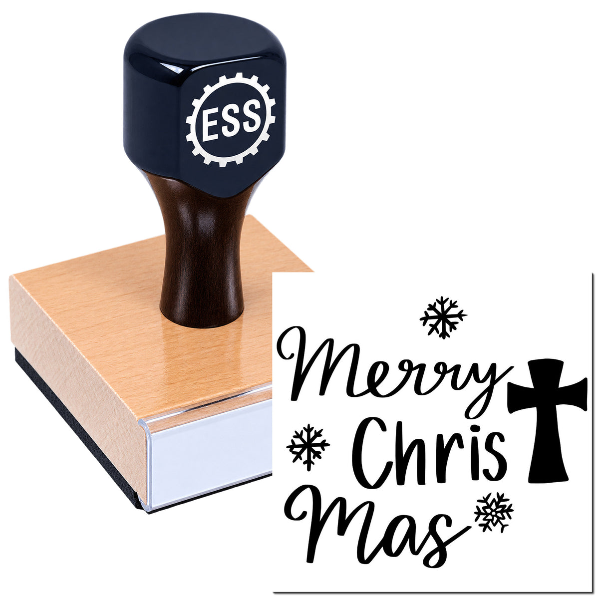 Black ESS stamp and seal on a wooden block, with a Merry Chris Mas holiday impression and snowflakes.