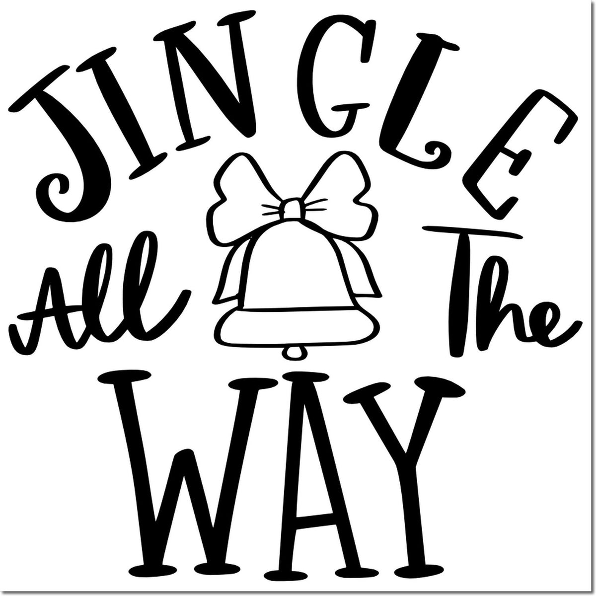 Black Jingle All The Way stamp and seal design with bell and bow on a white background.