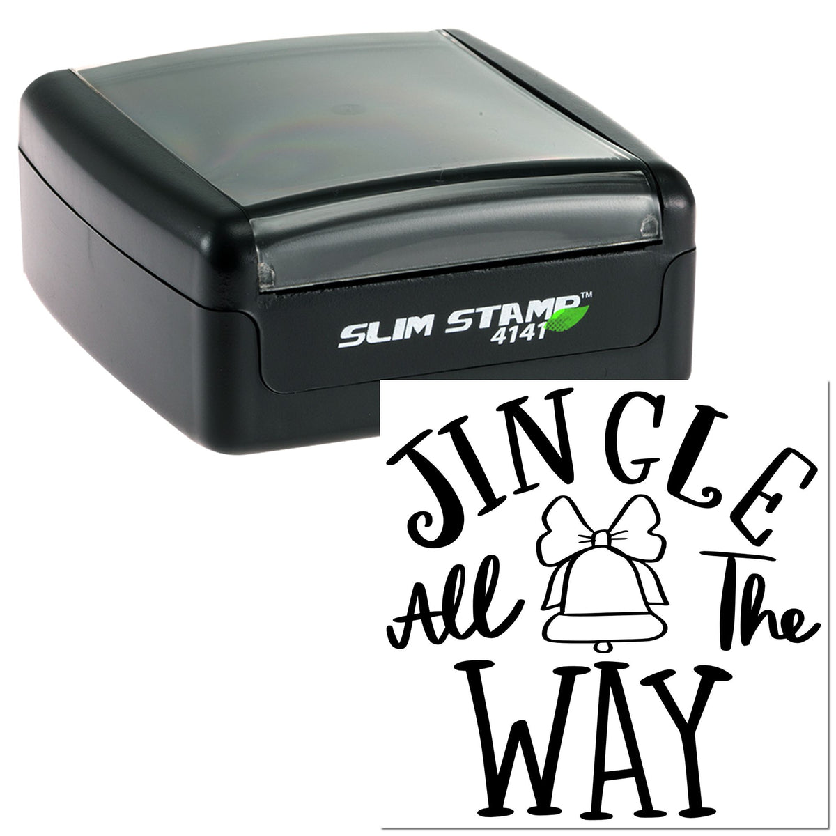 Black Slim Stamp 4141 self-inking stamp and decorative JINGLE All the WAY bell seal on white background.