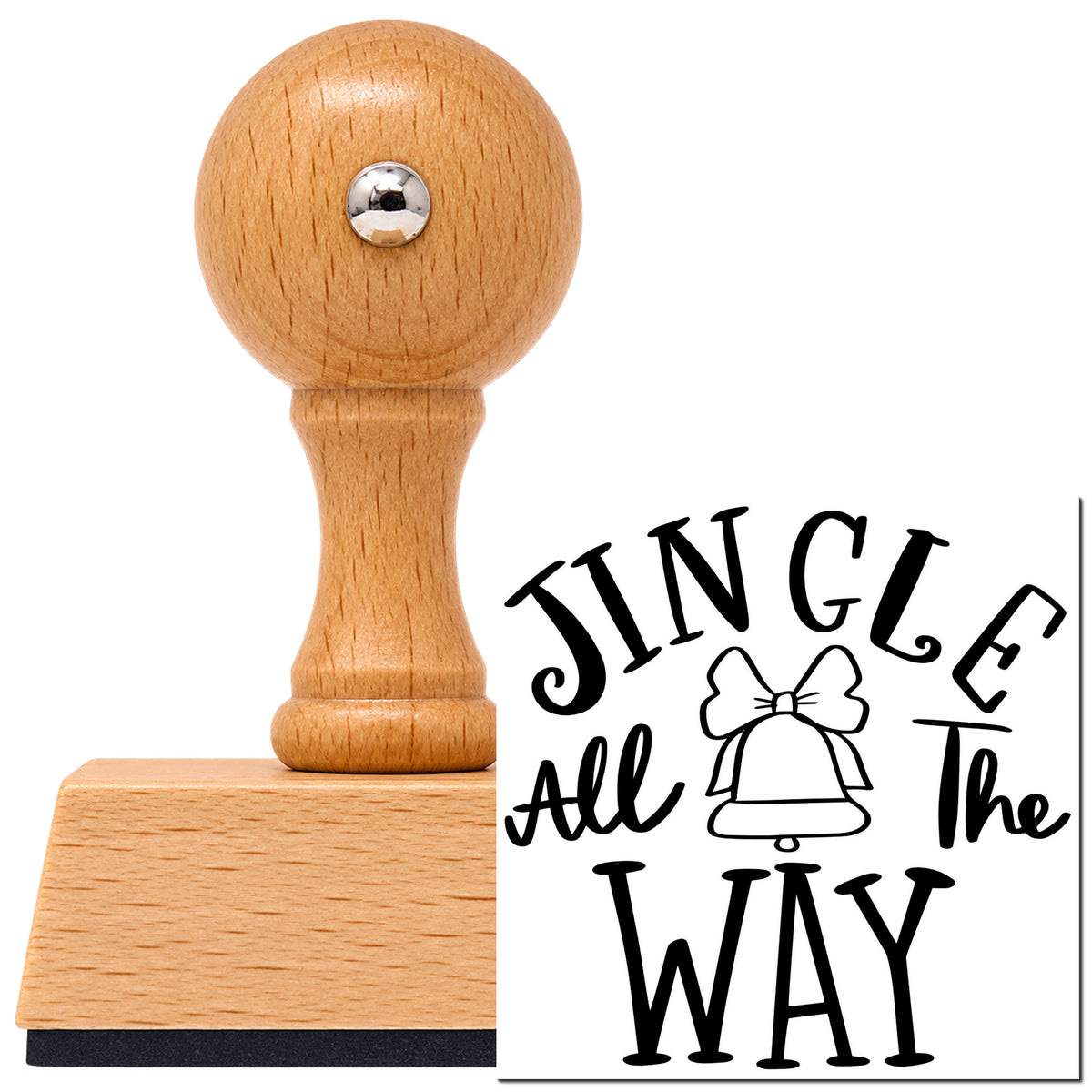 Vintage Pro beech wood stamp with a round knob handle, shown with its black Jingle All The Way Bell Bow Accent imprint on white.