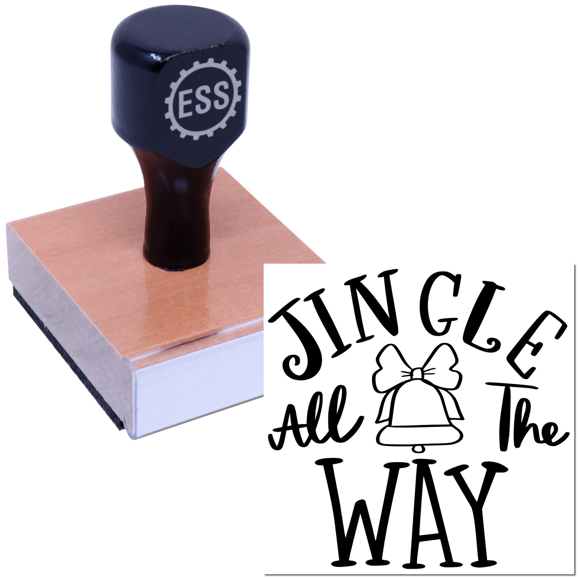 Navy ESS stamp and seal on pink block with black JINGLE all the WAY design and bell icon