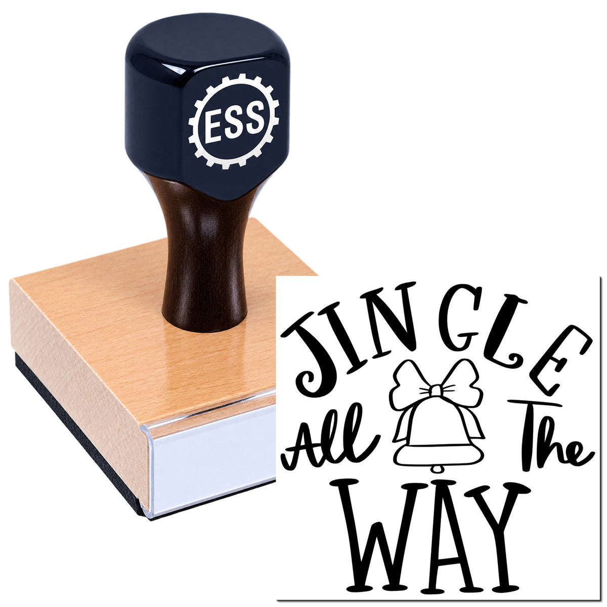Navy ESS stamp and seal on pink block with black JINGLE all the WAY design and bell icon