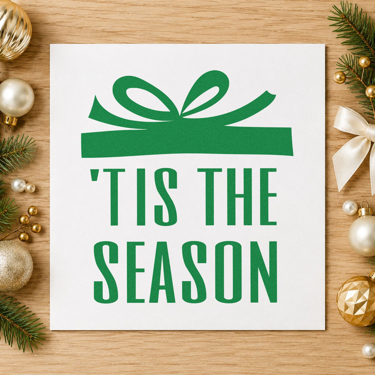 Tis The Season Gift craft stamp imprint in green ink on a handmade project, one idea being boutique hang tags.