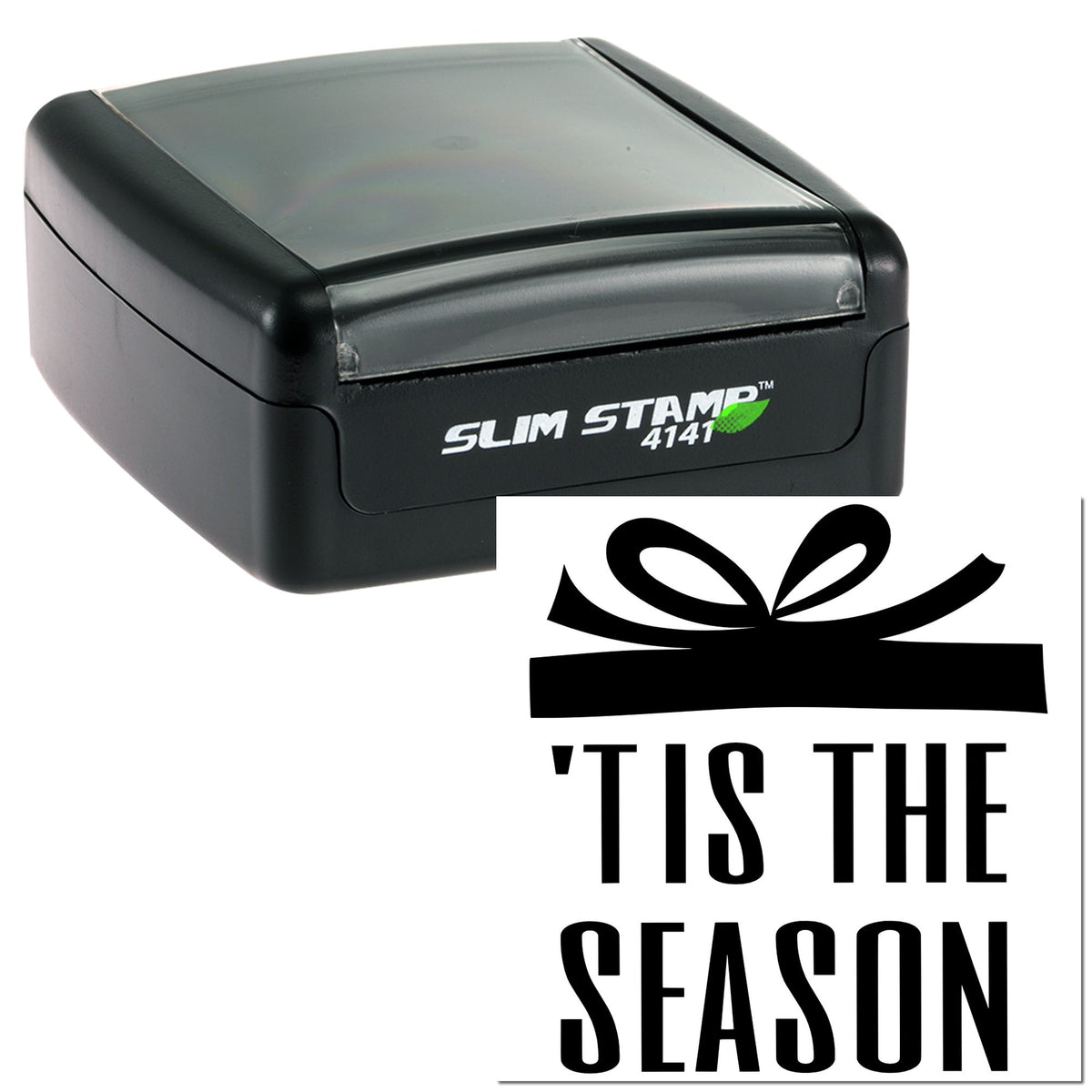 Black Slim Stamp 4141 self-inking stamp with gray lid and bold black Tis the Season seal design.