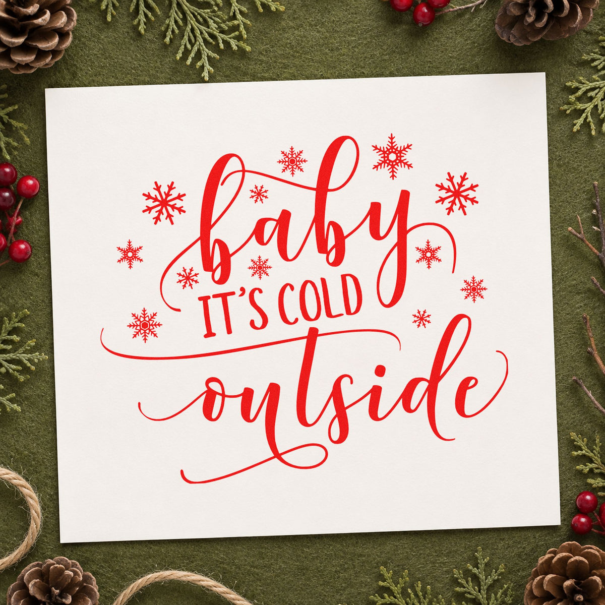 Baby It's Cold Outside rubber stamp shown in red ink, stamped for projects such as wedding favor tags.