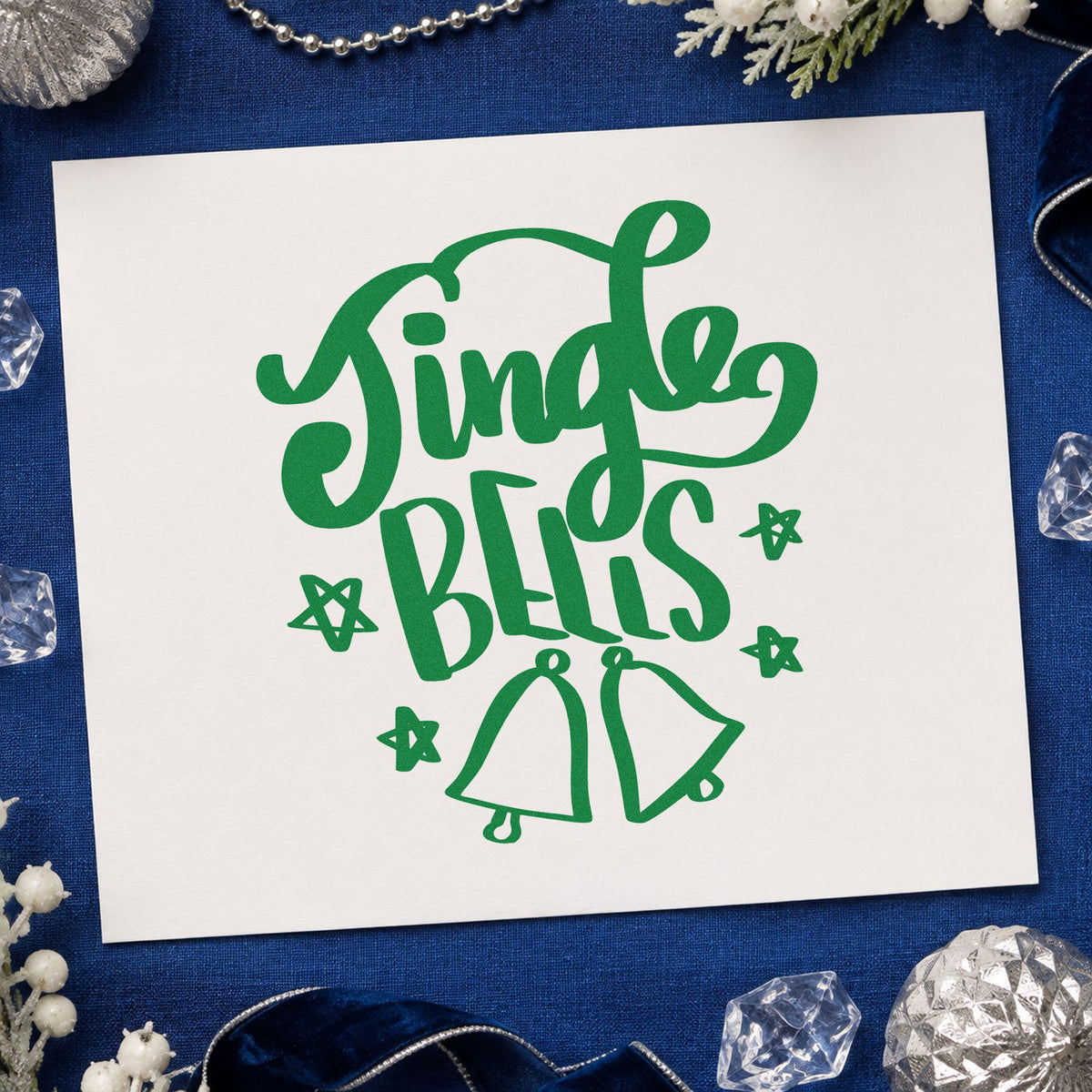 Jingle Bells With Bells craft stamp imprint in green ink on a handmade project, one idea being bell craft kit tags.