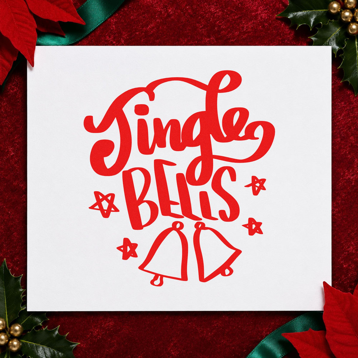 Jingle Bells With Bells craft stamp in red ink on cardstock, an easy option for tote bag ink print.