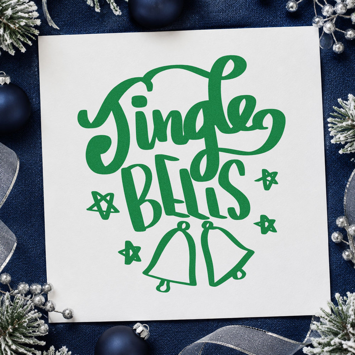 Jingle Bells With Bells craft stamp imprinted in green ink on paper, a design suited to framed studio wall.