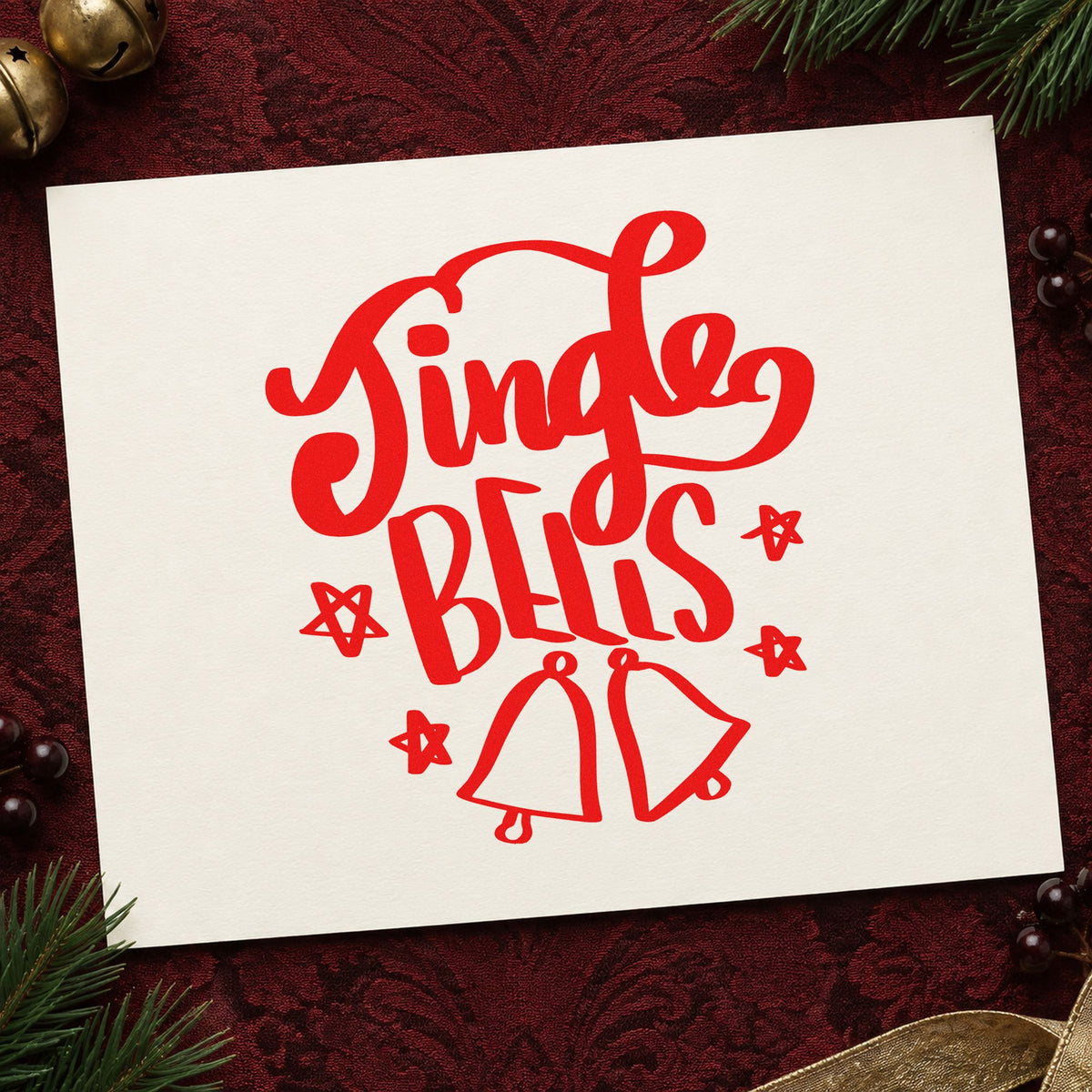 Jingle Bells With Bells rubber stamp shown in red ink, stamped for projects such as recital ticket seals.