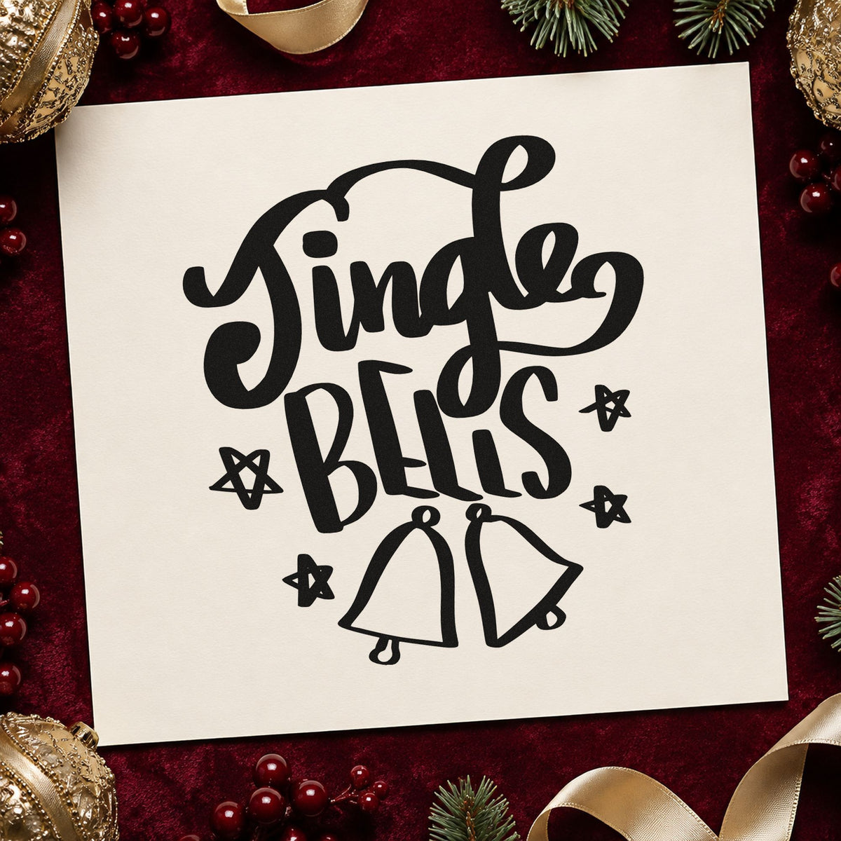 Jingle Bells With Bells rubber stamp printed in black ink, ready for twin bell cards and similar paper crafts.