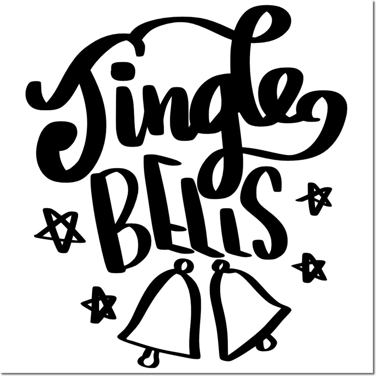 Black Jingle Bells holiday stamp/seal design with hand-lettered script, bells, and star accents on white.
