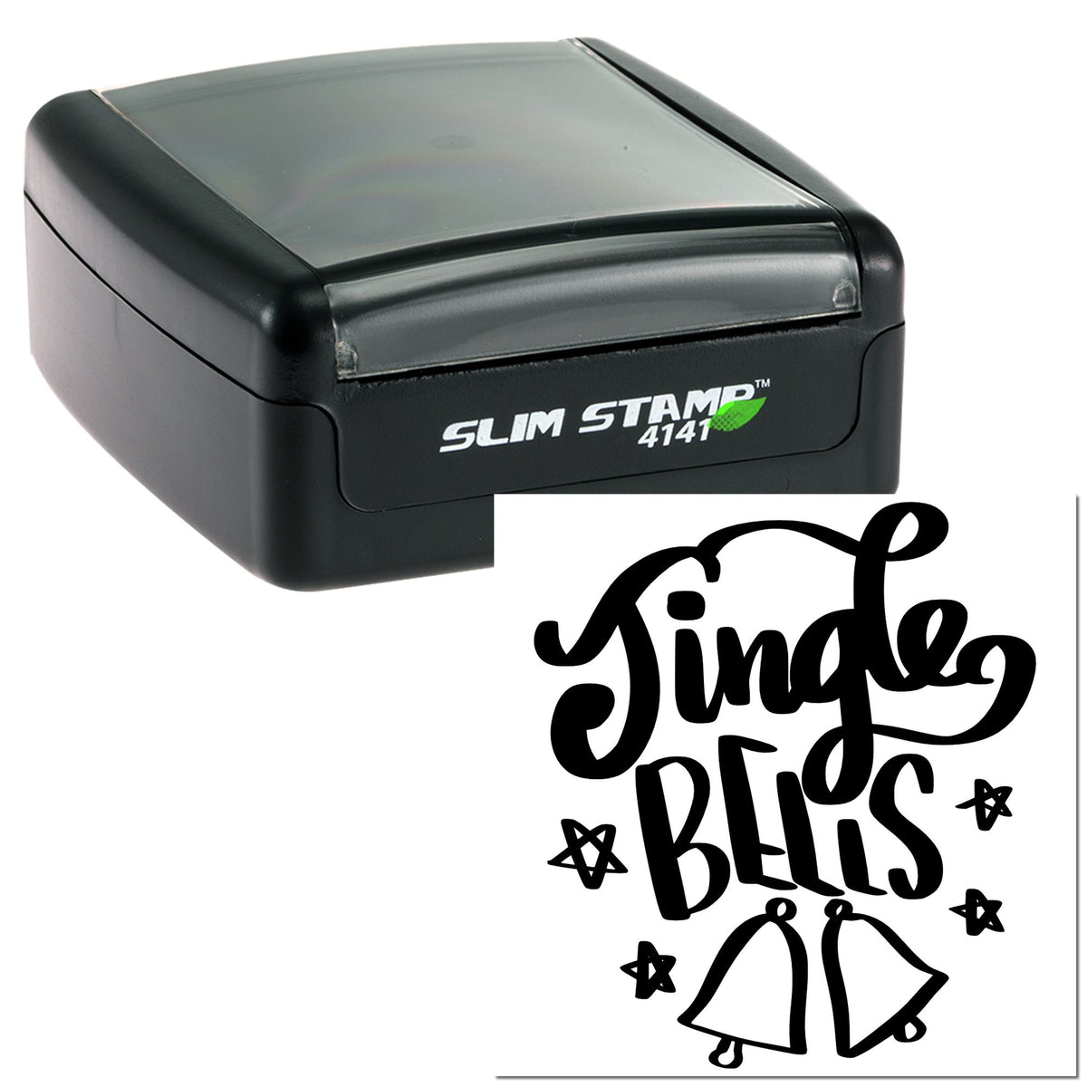 Black Slim Stamp 4141 self-inking stamp with black Jingle Bells seal design on white background.